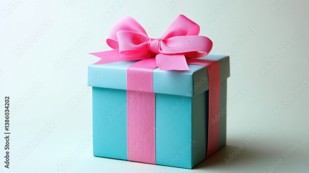 Fototapeta premium Elegant light blue gift box with pink ribbon and bow for birthday present or special occasion celebration