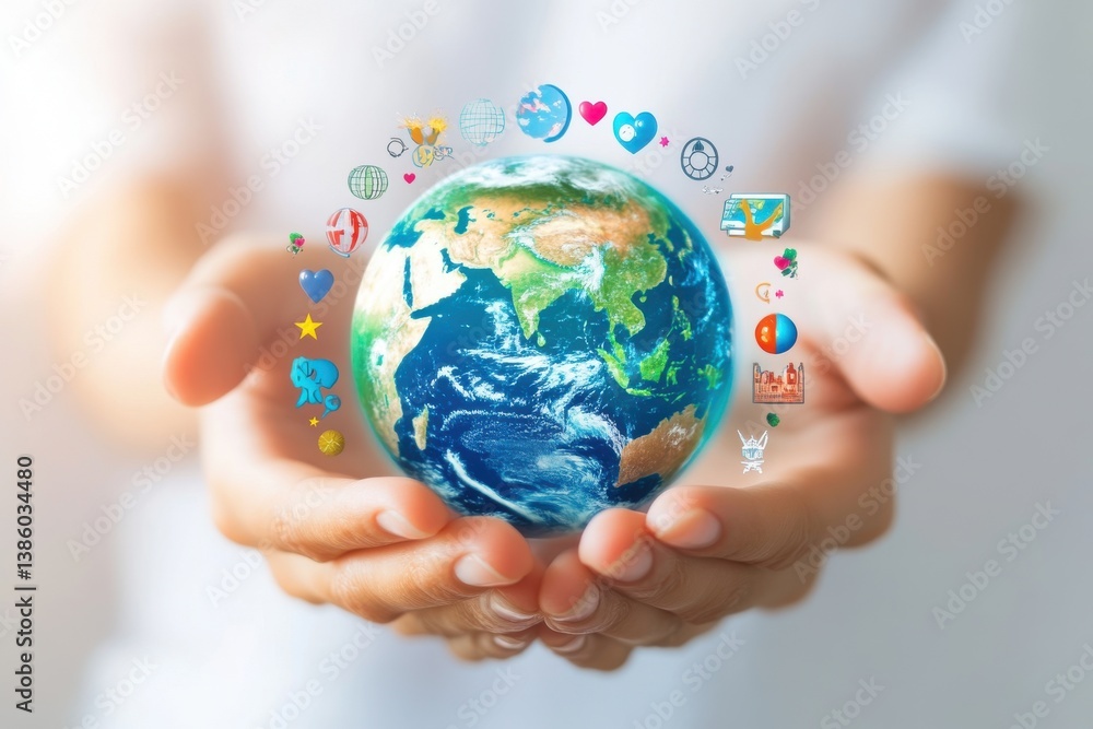 Person holding a globe with digital icons floating above it symbolizing global connectivity and technology Person holding a globe with digital icons floating above it symbolizing global connectivity and technology