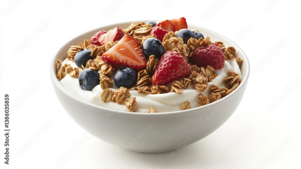 A bowl of creamy yogurt topped with granola, honey, and berries. Featuring health and vitality A bowl of creamy yogurt topped with granola, honey, and berries. Featuring health and vitality