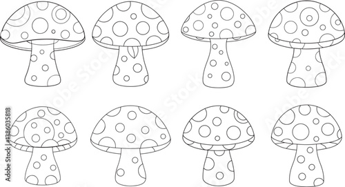 Set of cute mushroom coloring page and line art vector illustration