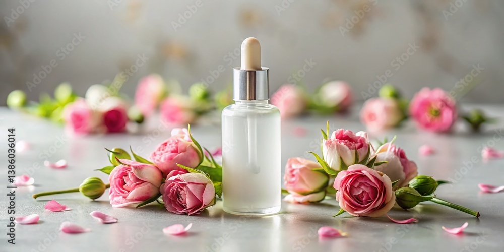 Serene Rosebud Matte Serum Bottle Mockup - Calming Skincare Product Photography Serene Rosebud Matte Serum Bottle Mockup - Calming Skincare Product Photography