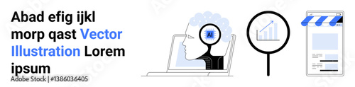 Human profile with digital elements, laptop, magnifying glass examining analytics, and web storefront interface. Ideal for technology, data analysis, science, innovation, education business