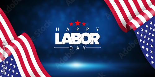 Foto Happy labor day banner with american flag on a blue background