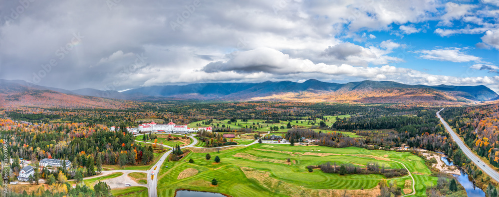 Aerial panorama of Presidential Range covered in clouds, in Bretton Woods, White Mountain National Forest, New Hampshire, along highway 302.