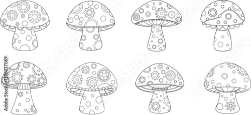 Set of Steampunk mushroom house outline coloring book page, line art vector illustration