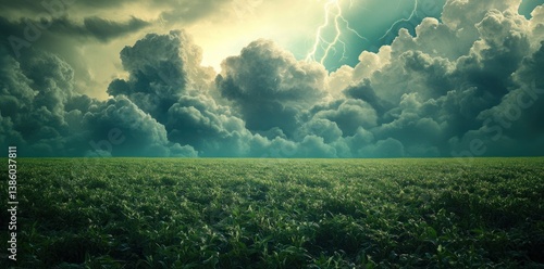 huge thunderclouds with lightning over a green field, in the evening, with a cinematic feel