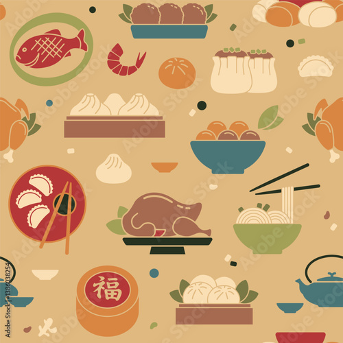 Seamless background with traditional Chinese dishes. Vector pattern