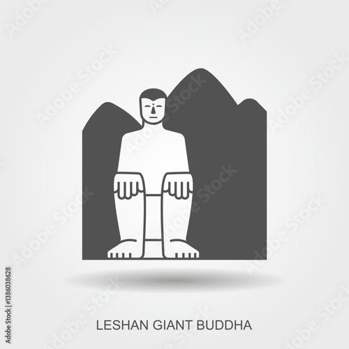 Chinese stone Buddha vector icon. Big buddhism statue. Asian mountain in flat style. Leshan giant Buddha