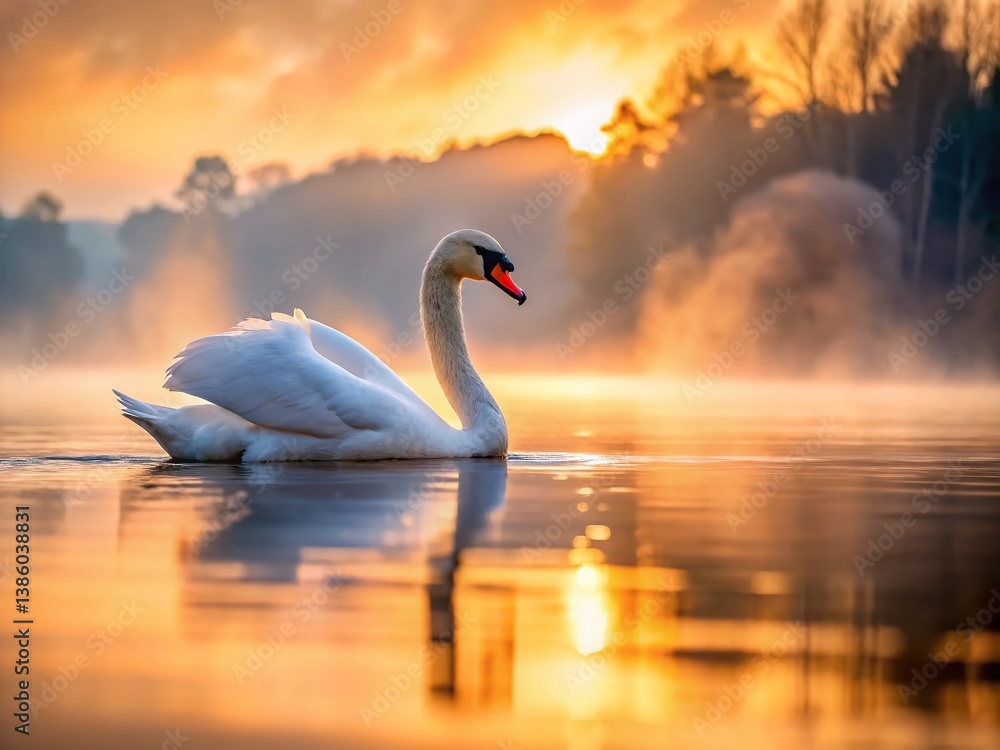 Fototapeta premium Serene Swan at Sunrise: Elegant Waterbird on Calm Lake at Dawn