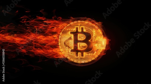 Illuminated Bitcoin Coin Surrounded by Flames on Black