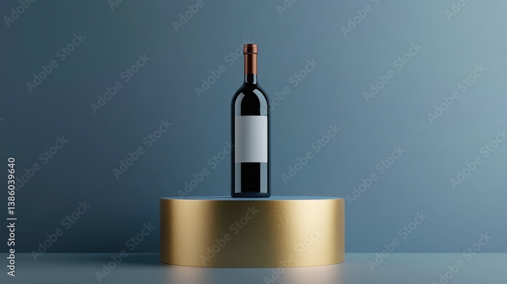 Wine bottle on a gold pedestal, minimalist studio scene Wine bottle on a gold pedestal, minimalist studio scene
