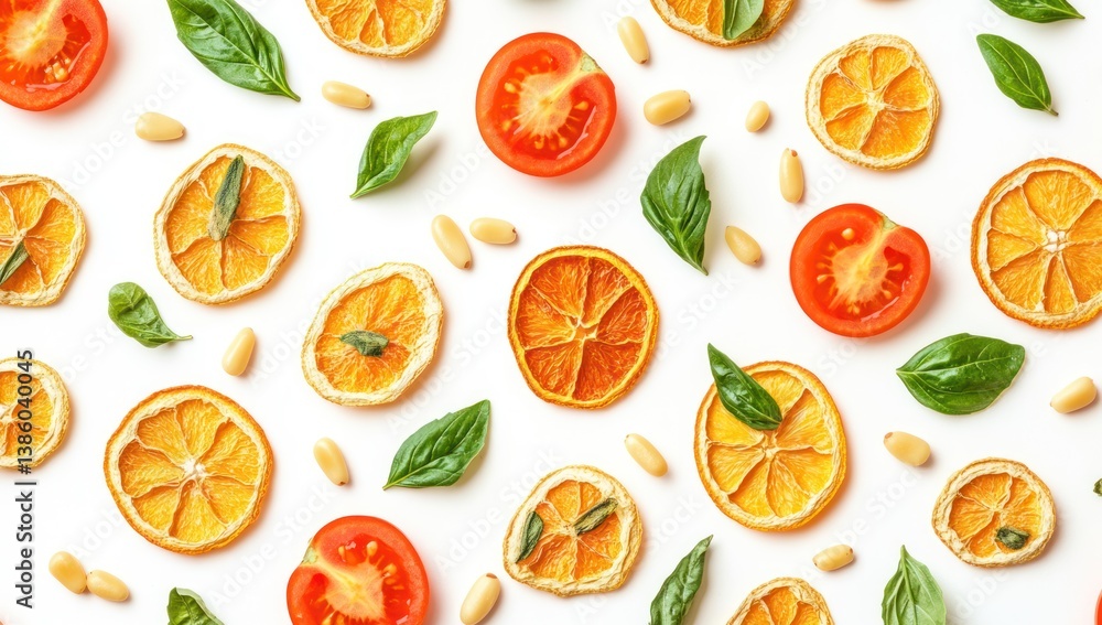 Seamless pattern with dried fruits and vegetables on a white background, in a flat lay. Seamless pattern with dried fruits and vegetables on a white background, in a flat lay.