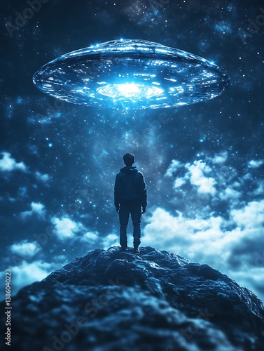 Person on hill, UFO in night sky