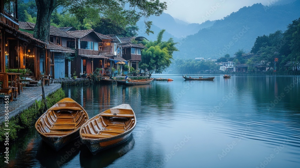 Obraz premium Serene Lakeside Village in the Misty Mountains