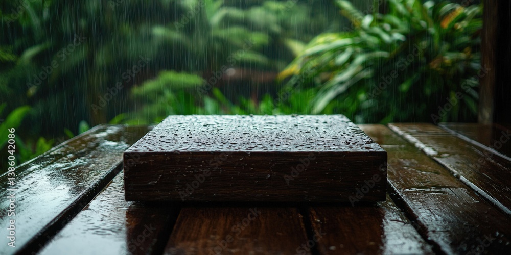 Fototapeta premium a wooden table and a wet stone in the rain 