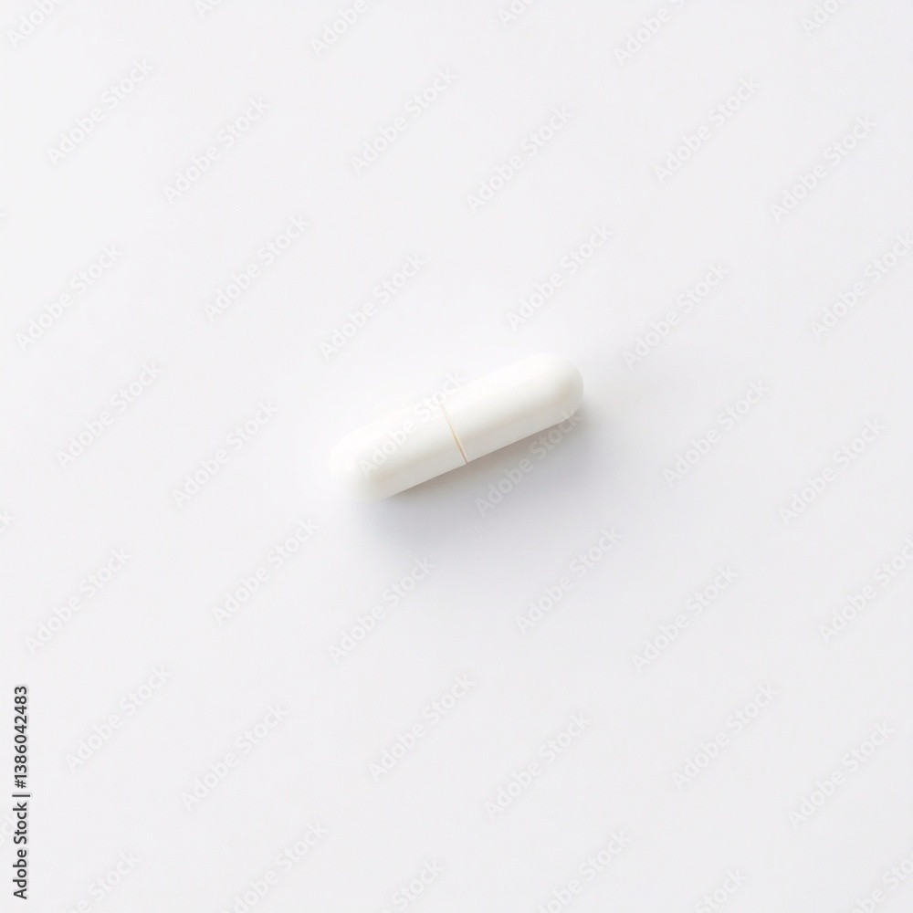 The focus is a single, white, oblong-shaped capsule, featuring a delicate reddish-pink line where its two halves meet, set against a minimalist white background, symbolizing medication The focus is a single, white, oblong-shaped capsule, featuring a delicate reddish-pink line where its two halves meet, set against a minimalist white background, symbolizing medication