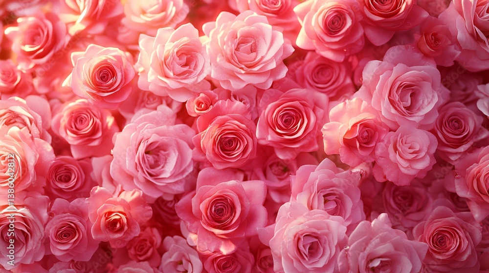 A stunning overhead shot of a dense carpet of blooming roses in shades of pink, perfect for weddings, romantic events, and floral design projects. A stunning overhead shot of a dense carpet of blooming roses in shades of pink, perfect for weddings, romantic events, and floral design projects.