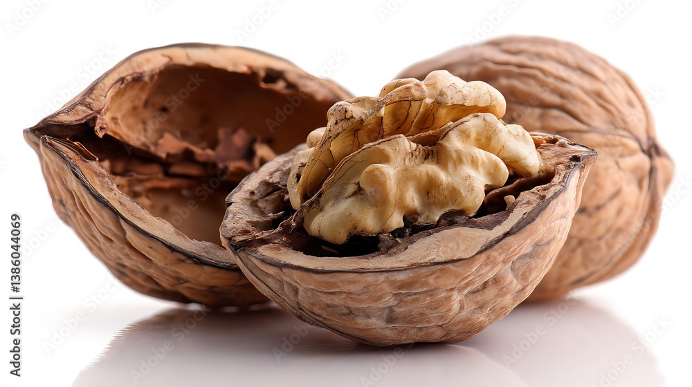 Open walnut with nut exposed on white
Open walnut with nut exposed on white
