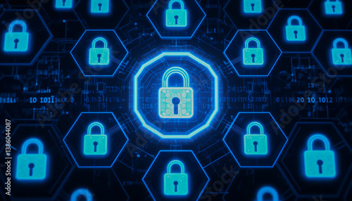 A network of glowing blue padlocks representing robust digital security in a futuristic digital landscape with a central, brightly lit lock.