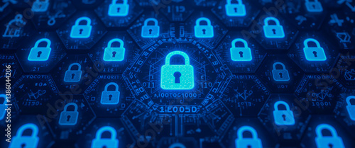 A digital fortress of glowing blue locks safeguarding valuable data in a secure, interconnected network with a hypnotic hexagonal pattern.