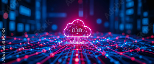 The glowing cloud symbol represents the vast interconnected network of cloud computing, a digital landscape of endless possibilities and innovation in vibrant pink and blue hues.