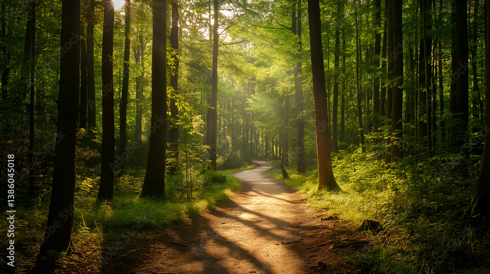 Obraz premium A peaceful forest path wilding through tall tree woods