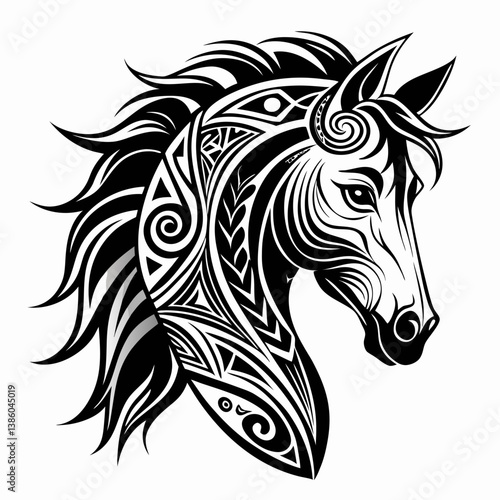 Wallpaper Mural Tribal Horse Head with Intricate Swirls – Black and White Ornamental Equestrian Design. Torontodigital.ca