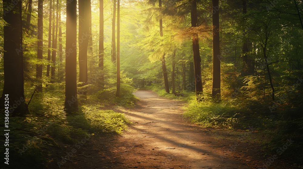 A peaceful forest path wilding through tall tree woods A peaceful forest path wilding through tall tree woods