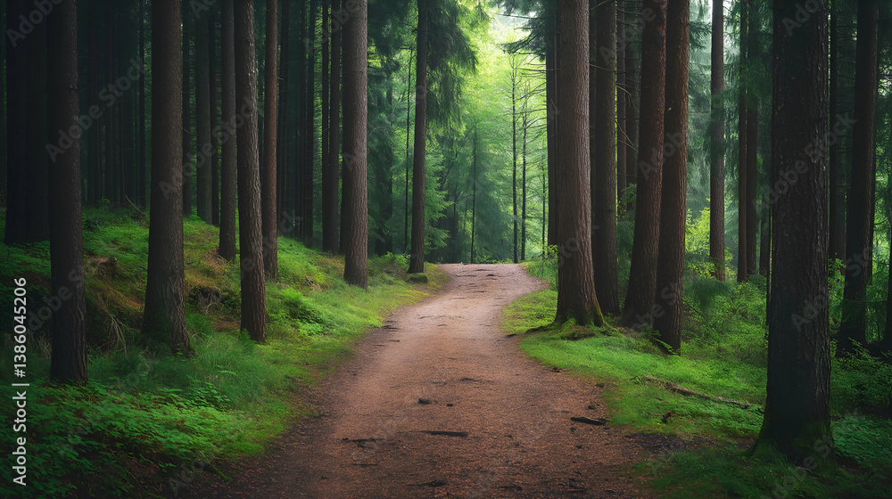 Fototapeta premium A peaceful forest path wilding through tall tree woods