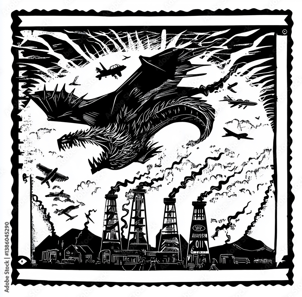 Naklejka premium Black and white illustration of a dragon flying over a factory with smoke stacks, surrounded by bats and a starry night sky—an eerie, fantasy-meets-industrial scene.