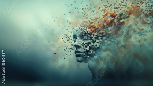 Stone Face Disintegrating into Cubes and Particles