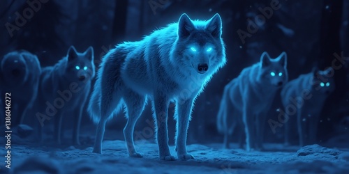 Captivating image representing mutation driven trait within wolf pack one unique wolf glowing bioluminescent fur symbolizing genetic alteration highly accurate anatomical detail environmental dynamic