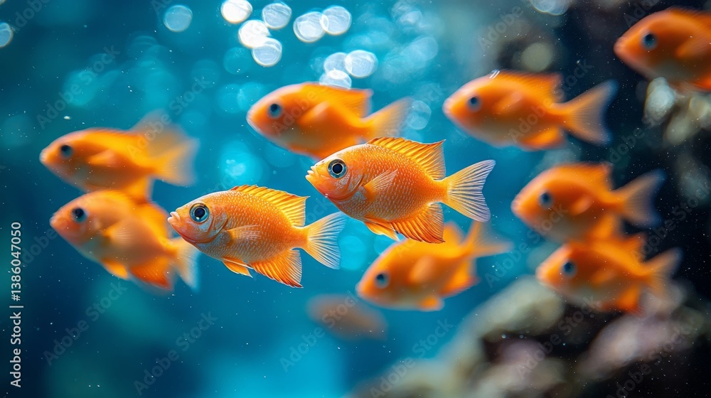 A group of orange fish swimming in an aquarium A group of orange fish swimming in an aquarium