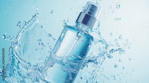 Skincare mist bottle floating mid-air with high-speed water splashes frozen in time.