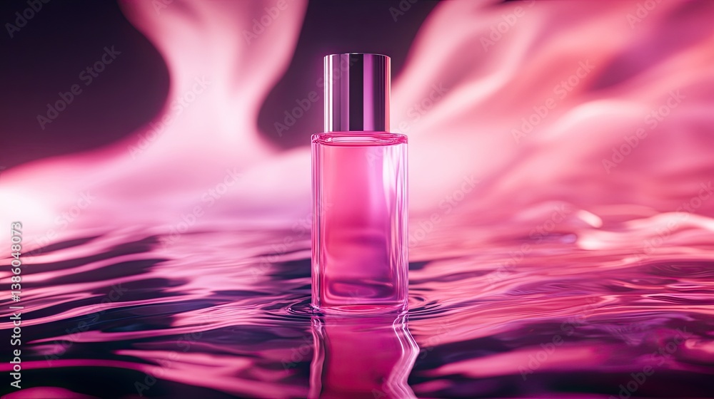 Naklejka premium Soft-focus beauty essence bottle on a rippling water bed with subtle neon accents.