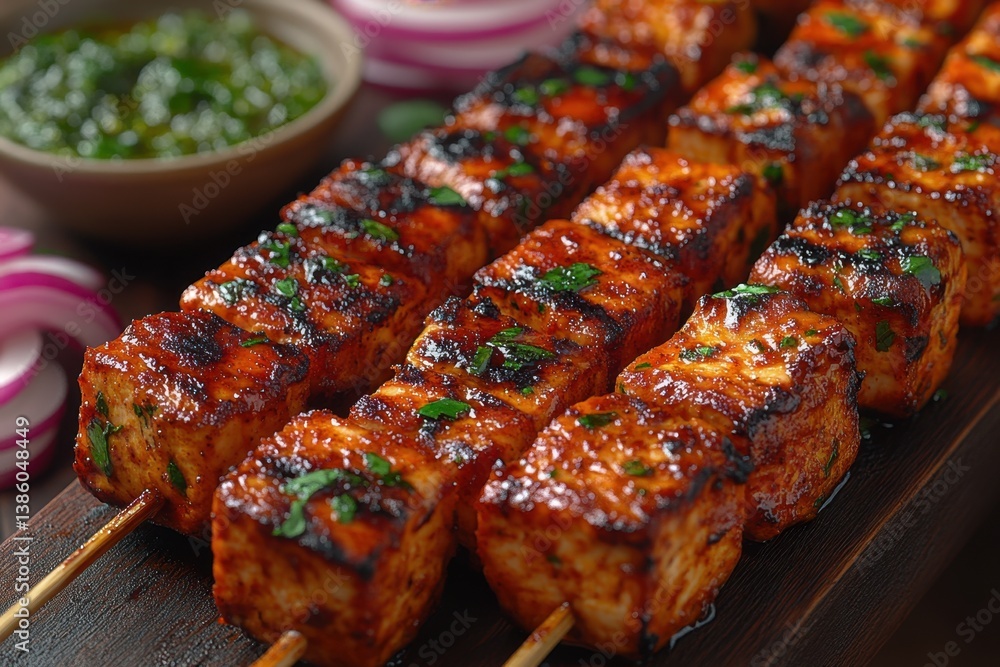 Grilled tofu skewers with a glaze, fresh herbs, and flavorful green sauce presented beautifully. Grilled tofu skewers with a glaze, fresh herbs, and flavorful green sauce presented beautifully.