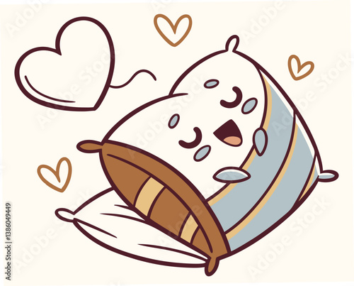 Cute kawaii chibi pillow smiling with hearts in a cozy background  