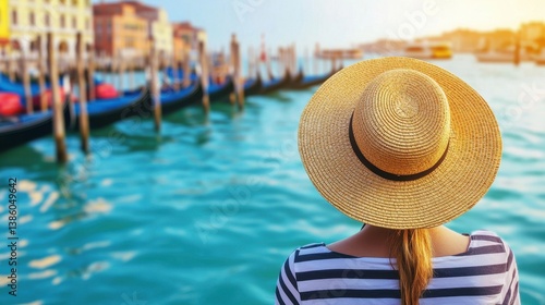 Woman in Sun Hat Enjoys Scenic View Over Water in Venice, Italy