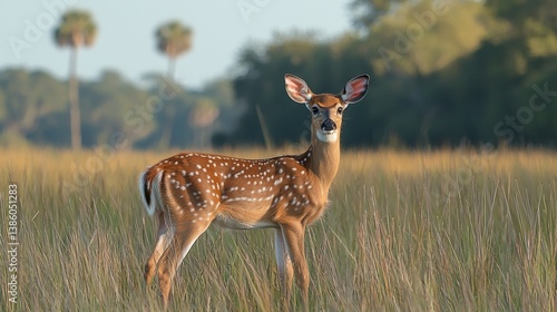 A fawn standing in a field of tall grass with palm trees in the background