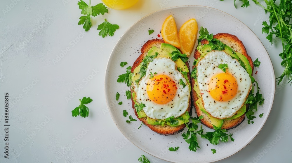 A bird is eye view of a stylish brunch setup with avocado toast, eggs benedict, and a fresh juice, on a white plate, on a white background A bird is eye view of a stylish brunch setup with avocado toast, eggs benedict, and a fresh juice, on a white plate, on a white background