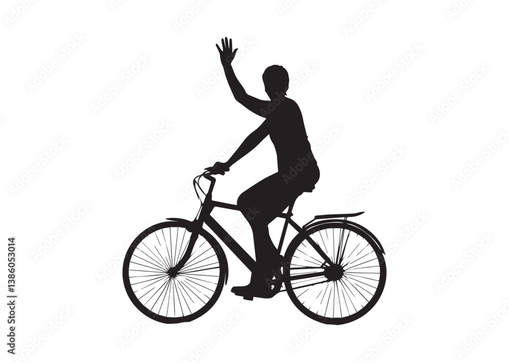 Naklejka premium A Person Riding a Bicycle and Waving Silhouette vector