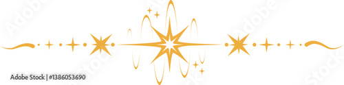 Magic border with stars and moon. Celestial mystic ornament. Astrology tarot golden element with sun symbol. Fantasy divider with spiritual decoration
