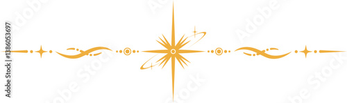 Magic border with stars and moon. Celestial mystic ornament. Astrology tarot golden element with sun symbol. Fantasy divider with spiritual decoration