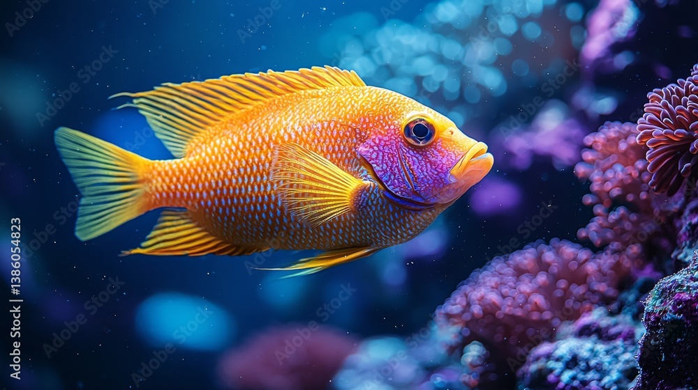 A bright orange fish swimming in an aquarium next to a coral reef A bright orange fish swimming in an aquarium next to a coral reef