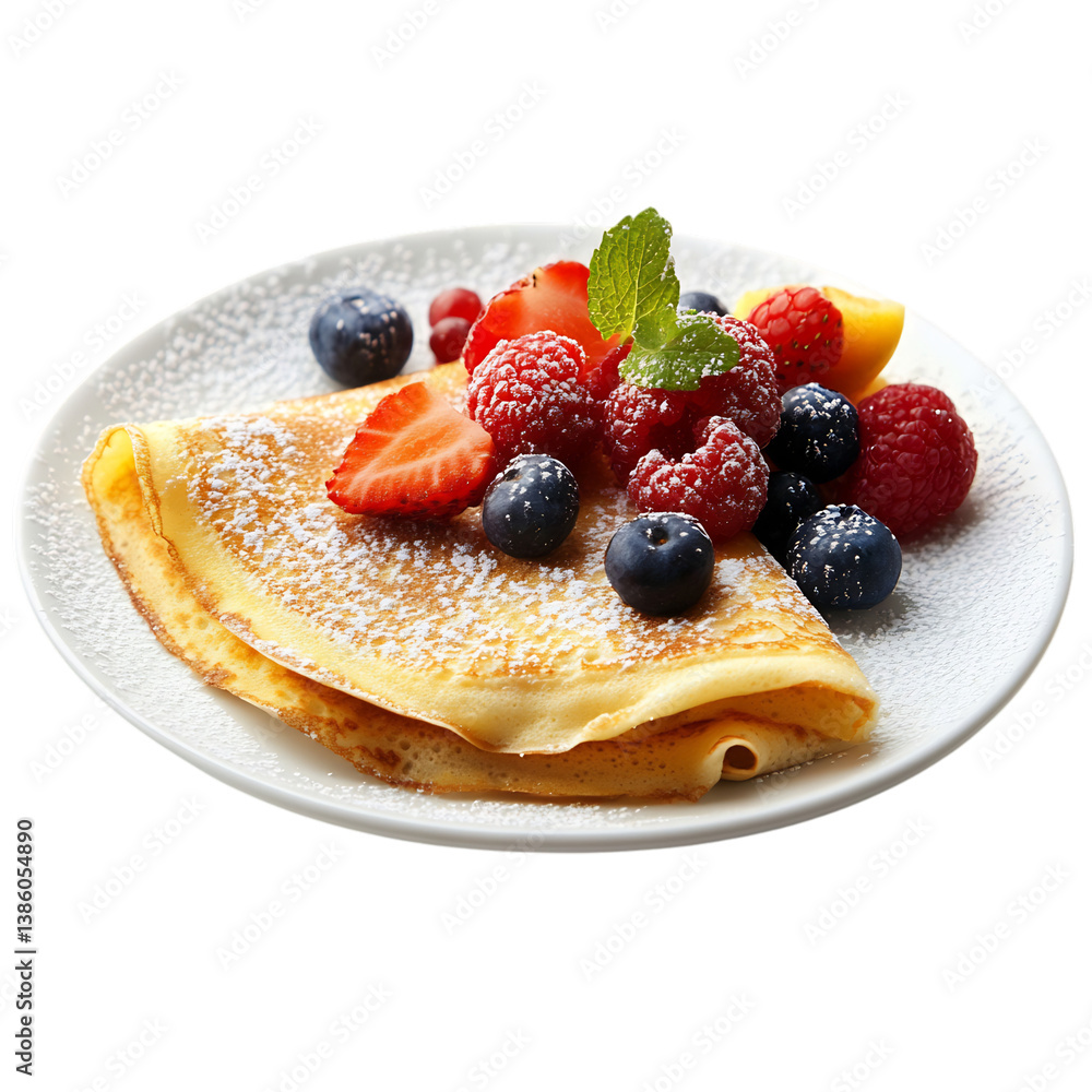 A Classic Crêpe with Powdered Sugar and Fresh Fruit Isolated on Transparent Background A Classic Crêpe with Powdered Sugar and Fresh Fruit Isolated on Transparent Background