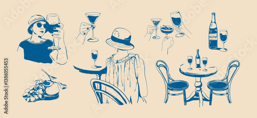 A set of vector illustrations, hand-drawn in ink, with people and drinks. Minimalistic doodles: a girl at a cafe table, hands with cocktails, wine, a plate of fruit.