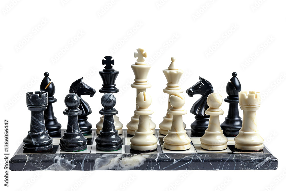 Detailed traditional chess set with Staunton design and marble chessboard isolated on transparent background