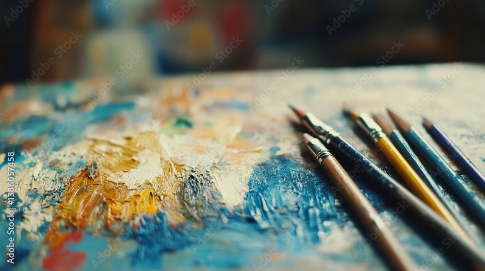 Fototapeta premium Artist's Palette with Vibrant Oil Paints and Brushes