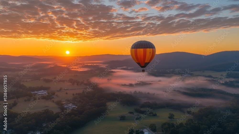 Hot Air Balloon Soaring Over Misty Sunrise Landscape Hot Air Balloon Soaring Over Misty Sunrise Landscape