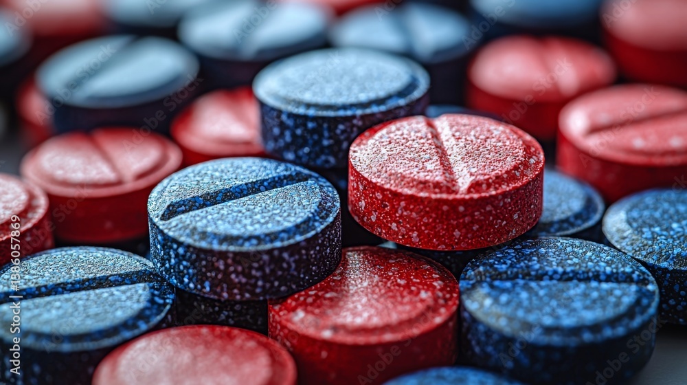 A pile of red, white and blue pills sitting on top of each other A pile of red, white and blue pills sitting on top of each other